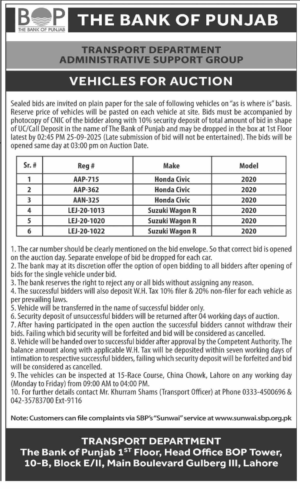 The Bank of Punjab Tender Notice